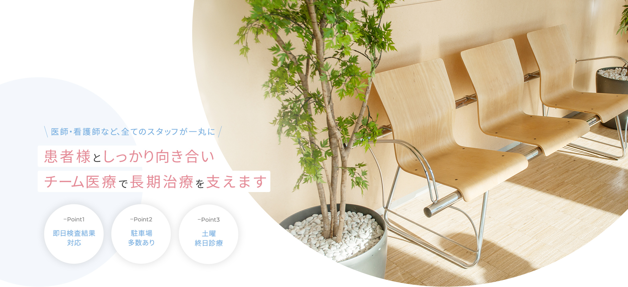 医師・看護師など、全てのスタッフが一丸に患者様としっかり向き合いチーム医療で長期治療を支えます point1全ての診療経験豊富な院長対応 point2即日検査結果対応 point3土曜終日診療